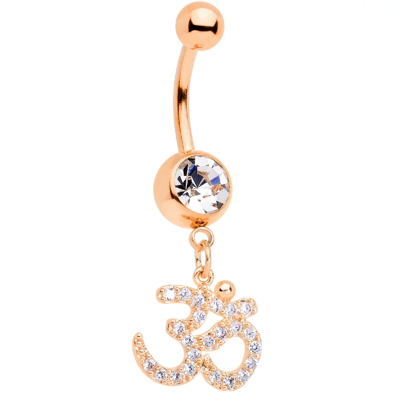 Beautiful Belly Rings with Polished Shine -Clear CZ Gem Rose Gold Tone Amazing Om Dangle Belly Ring Beautiful Belly Rings with Polished Shine -Clear CZ Gem Rose Gold Tone Amazing Om Dangle Belly Ring