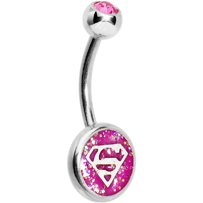 Comfortable Belly Rings for Everyday Glam -Pink Gem Glitter Superman Belly Ring