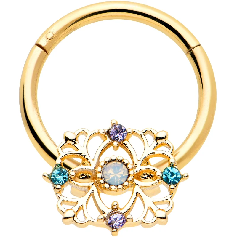 Nose Rings for Timeless Fashion -16 Gauge 3/8 White Synthetic Opal Gold Tone Web Hinged Segment Ring Nose Rings for Timeless Fashion -16 Gauge 3/8 White Synthetic Opal Gold Tone Web Hinged Segment Ring