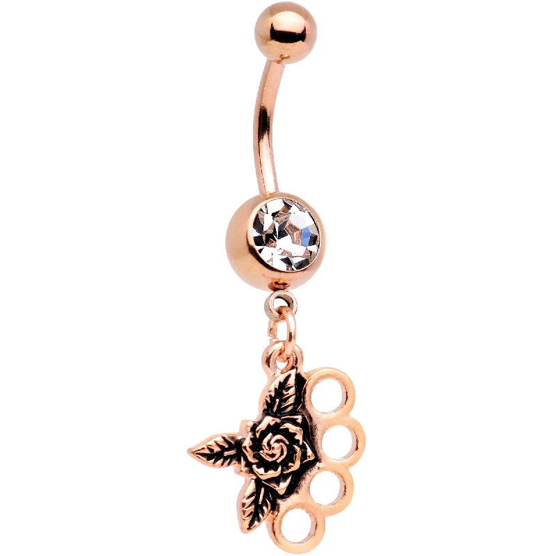 Beautiful Belly Rings with Timeless Beauty -Clear CZ Gem Rose Gold Plated Badass Brass Knuckles Dangle Belly Ring Beautiful Belly Rings with Timeless Beauty -Clear CZ Gem Rose Gold Plated Badass Brass Knuckles Dangle Belly Ring