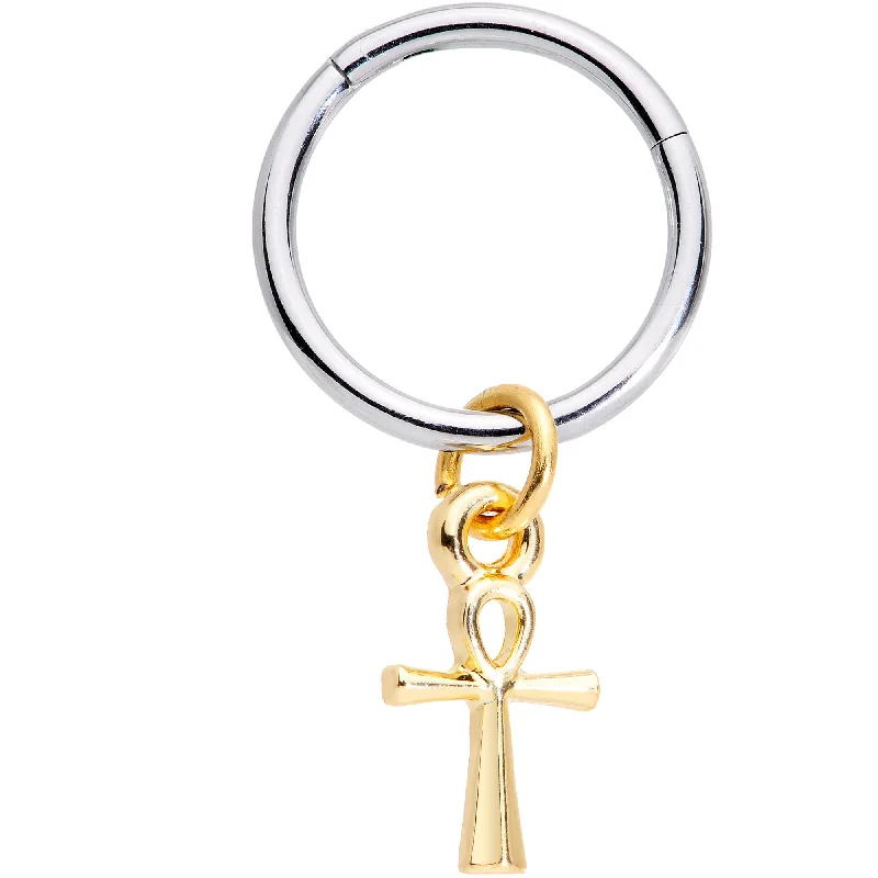 Comfortable Lip Rings for Casual Look16 Gauge 3/8 Gold Tone Egyptian Ankh Hinged Dangle Segment Ring