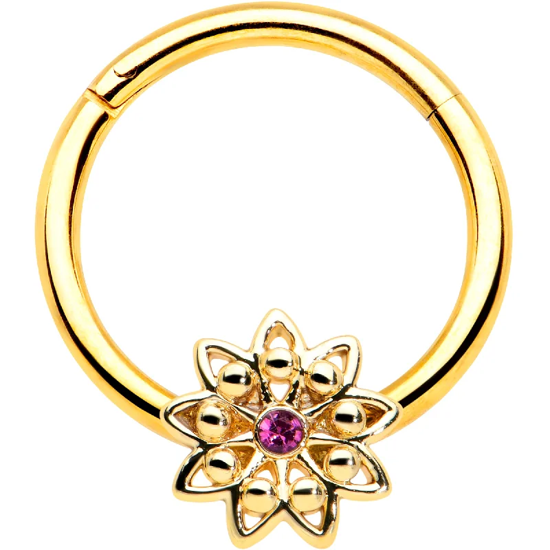 Women's Earrings – Elegant Designs for Every Personality--16 Gauge 3/8 Pink Gem Gold Tone Starry Flower Hinged Segment Ring