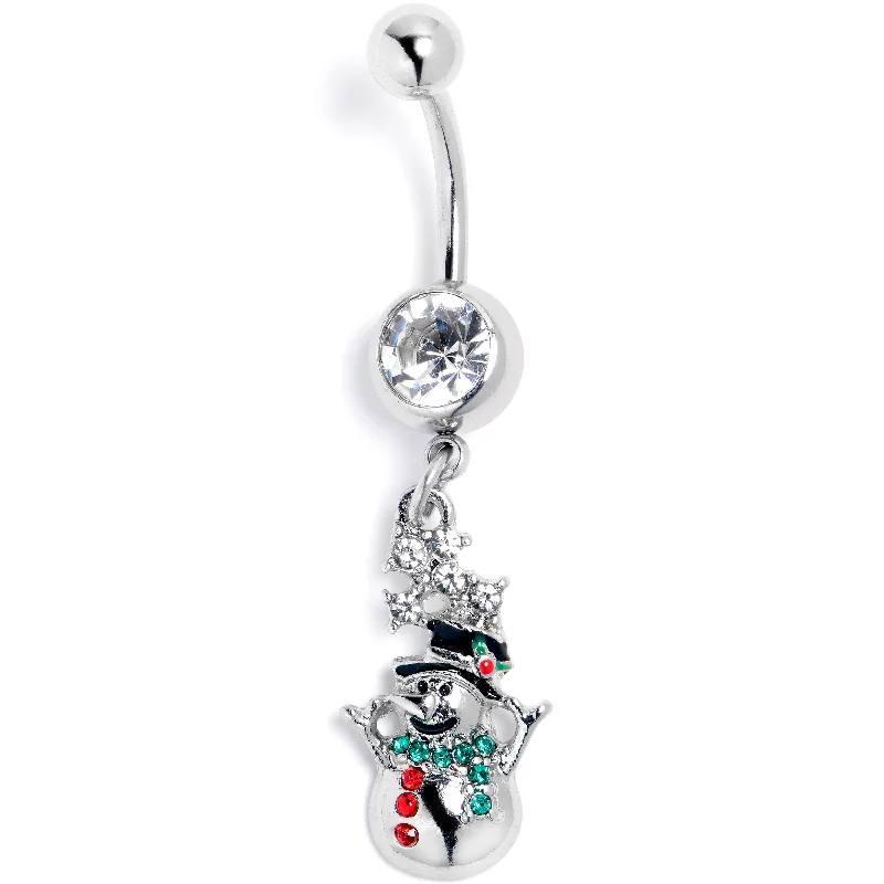Designer Belly Rings with Polished Design -Red Clear Green Gem Opulent Snowman Holiday Dangle Belly Ring