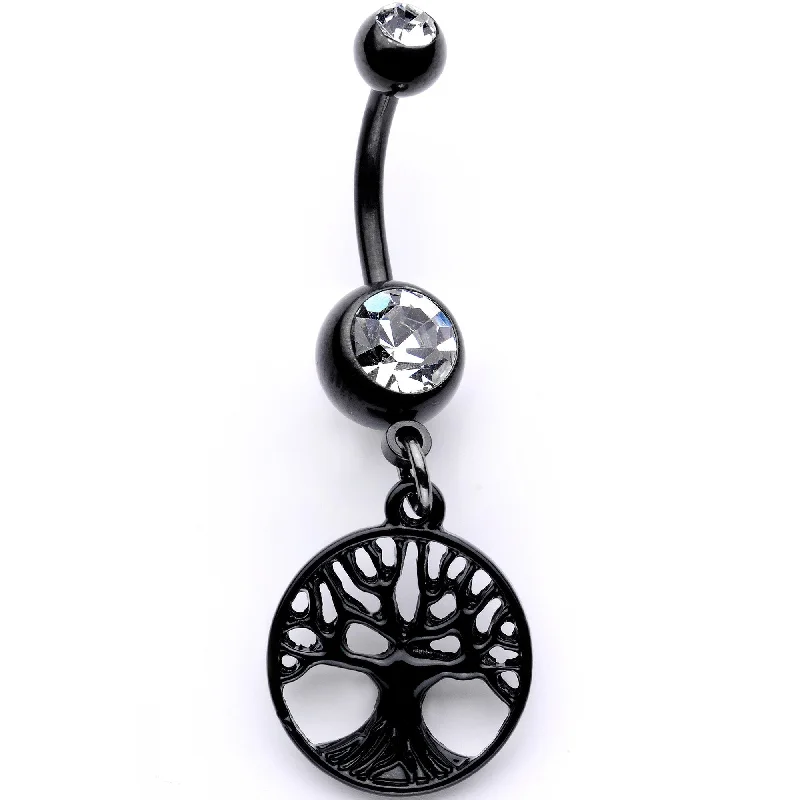 Trendy Belly Rings for Bold Fashion Statements -Clear Gem Black Anodized Tree of Life Charm Dangle Belly Ring Trendy Belly Rings for Bold Fashion Statements -Clear Gem Black Anodized Tree of Life Charm Dangle Belly Ring