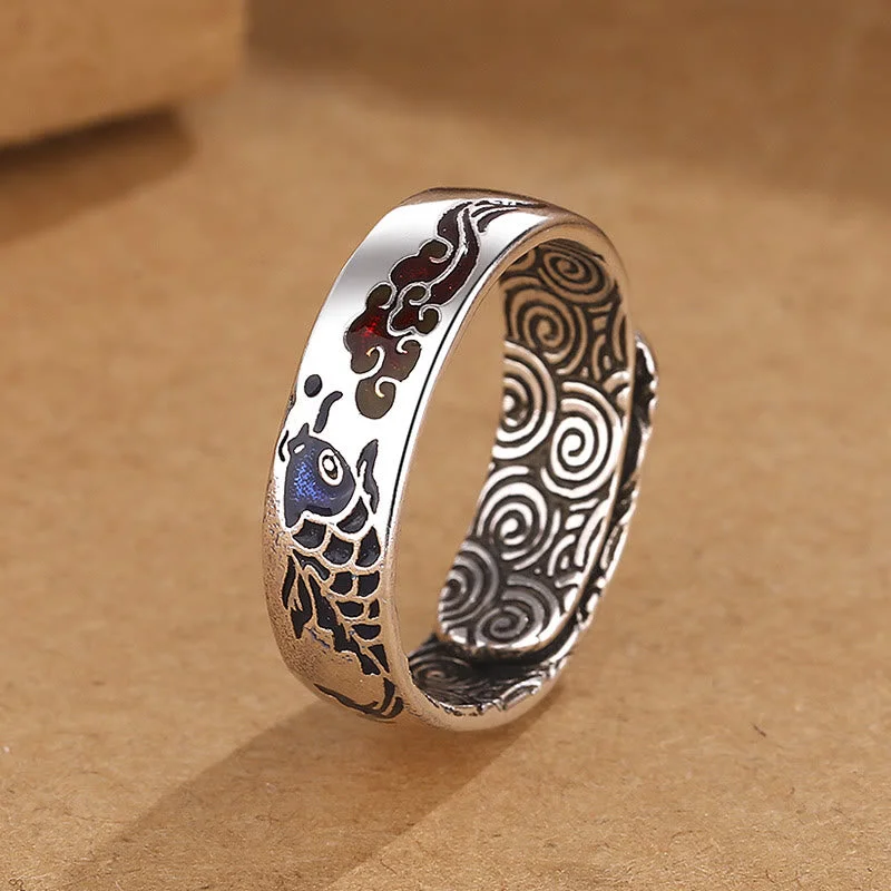 Chic Women's Rings for Fashion-Forward Looks-Buddha Stones Koi Fish Auspicious Cloud Design Luck Wealth Ring