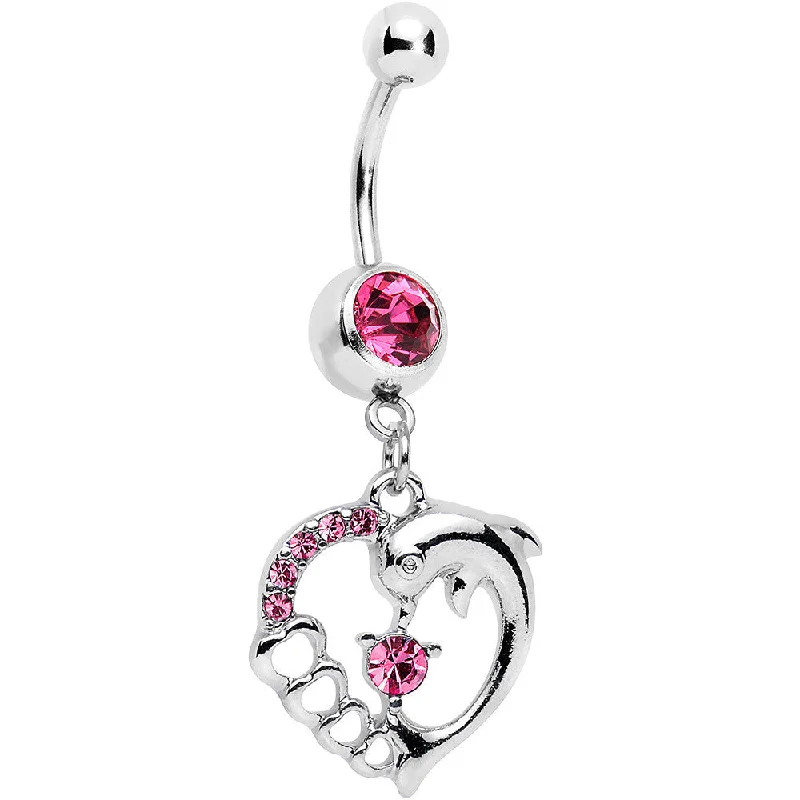 Belly Rings with Stone Detailing for Fashionistas -Pink Gem Complete Heart Dolphin Dangle Belly Ring Belly Rings with Stone Detailing for Fashionistas -Pink Gem Complete Heart Dolphin Dangle Belly Ring