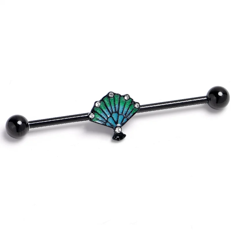 Women's Earrings – Elegant Designs for Every Personality--14 Gauge Black PVD Serenity Ocean Magic Sea Shells Industrial Barbell 38mm