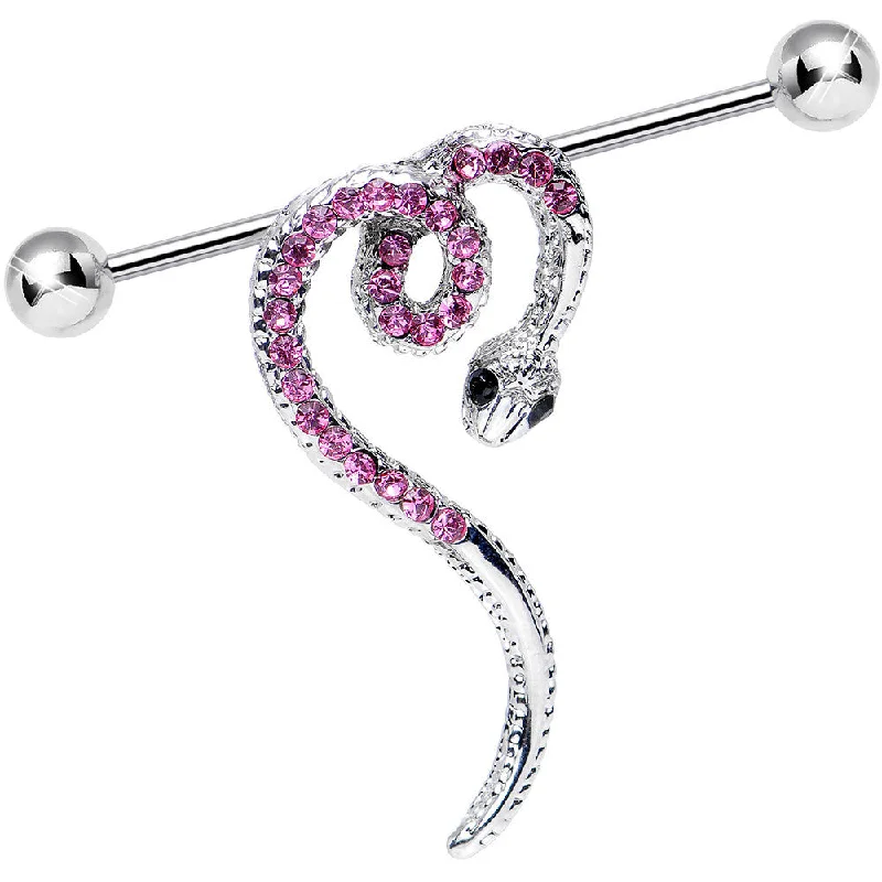Women's Earrings – Elegant Designs for Every Personality--Pink Gem Heart Coiled Snake Industrial Barbell
