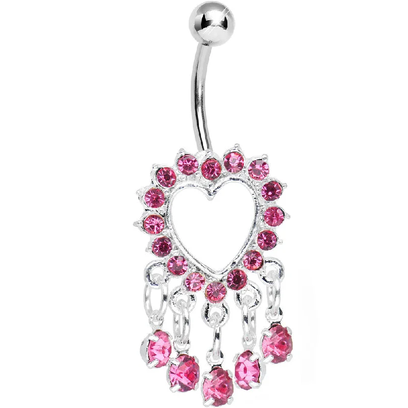 Stunning Belly Rings with Shiny Finish -Pink Gem Super Sparkle Drops and Hollow Heart Dangle Belly Ring Stunning Belly Rings with Shiny Finish -Pink Gem Super Sparkle Drops and Hollow Heart Dangle Belly Ring