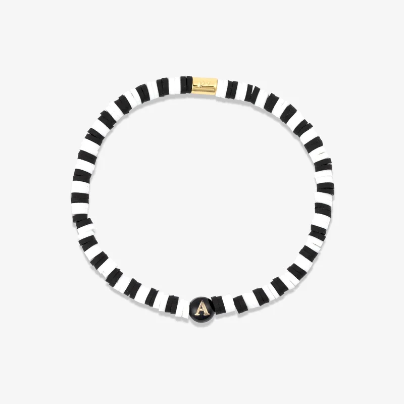 Simple Silver Bangles for Women-Black and White Alphabet Stretch Bracelet