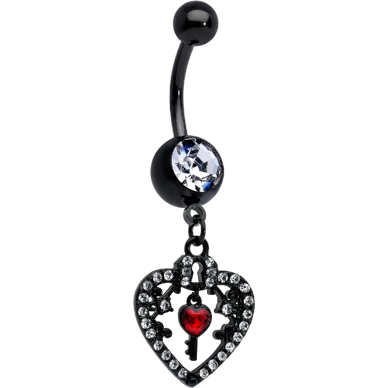 Stylish Belly Rings with Subtle Beauty -Clear Red Gem Black Heart Key Valentines Dangle Belly Ring Stylish Belly Rings with Subtle Beauty -Clear Red Gem Black Heart Key Valentines Dangle Belly Ring