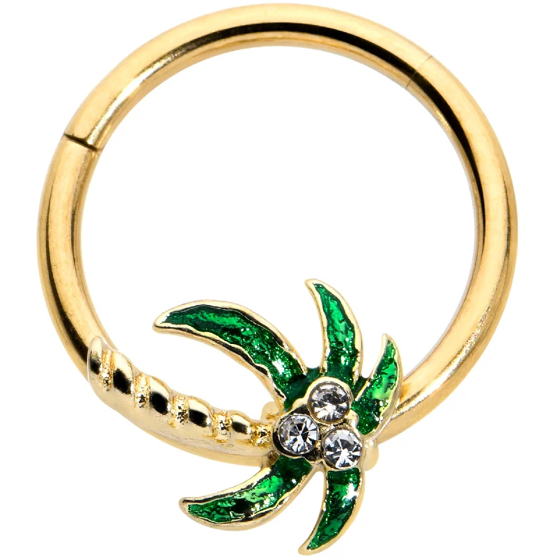 Classic Nose Rings with Simple Finish -16 Gauge 3/8 Clear Gem Gold Tone Palm Tree Style Hinged Segment Ring Classic Nose Rings with Simple Finish -16 Gauge 3/8 Clear Gem Gold Tone Palm Tree Style Hinged Segment Ring