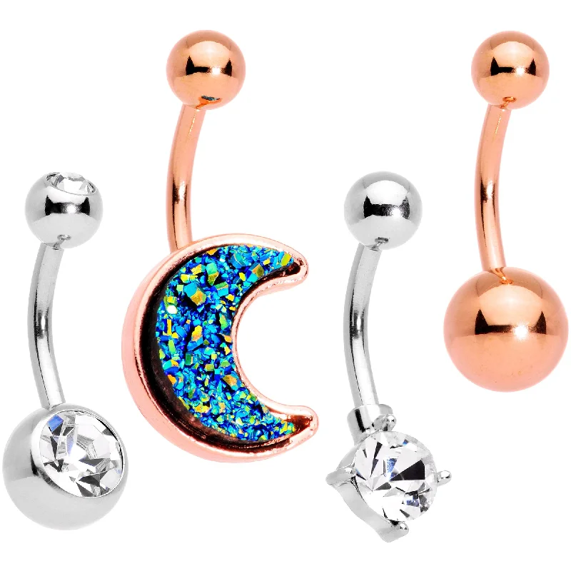 Elegant Belly Rings with Luxurious Appeal -Clear Gem Blue Faux Druzy Rose Gold Tone Crescent Moon Belly Ring Set Elegant Belly Rings with Luxurious Appeal -Clear Gem Blue Faux Druzy Rose Gold Tone Crescent Moon Belly Ring Set