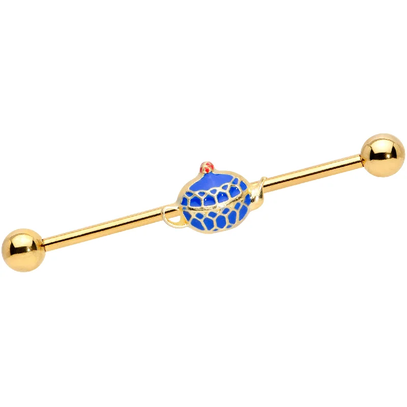 Women's Earrings – Elegant Designs for Every Personality--14 Gauge Gold Tone Blue Teapot Industrial Barbell 38mm Women's Earrings – Elegant Designs for Every Personality--14 Gauge Gold Tone Blue Teapot Industrial Barbell 38mm