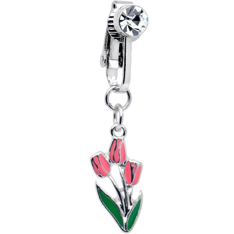 Belly Rings for Bold Fashion Statements -Pretty Pink Tulips Dangle Clip on Fake Belly Ring Belly Rings for Bold Fashion Statements -Pretty Pink Tulips Dangle Clip on Fake Belly Ring