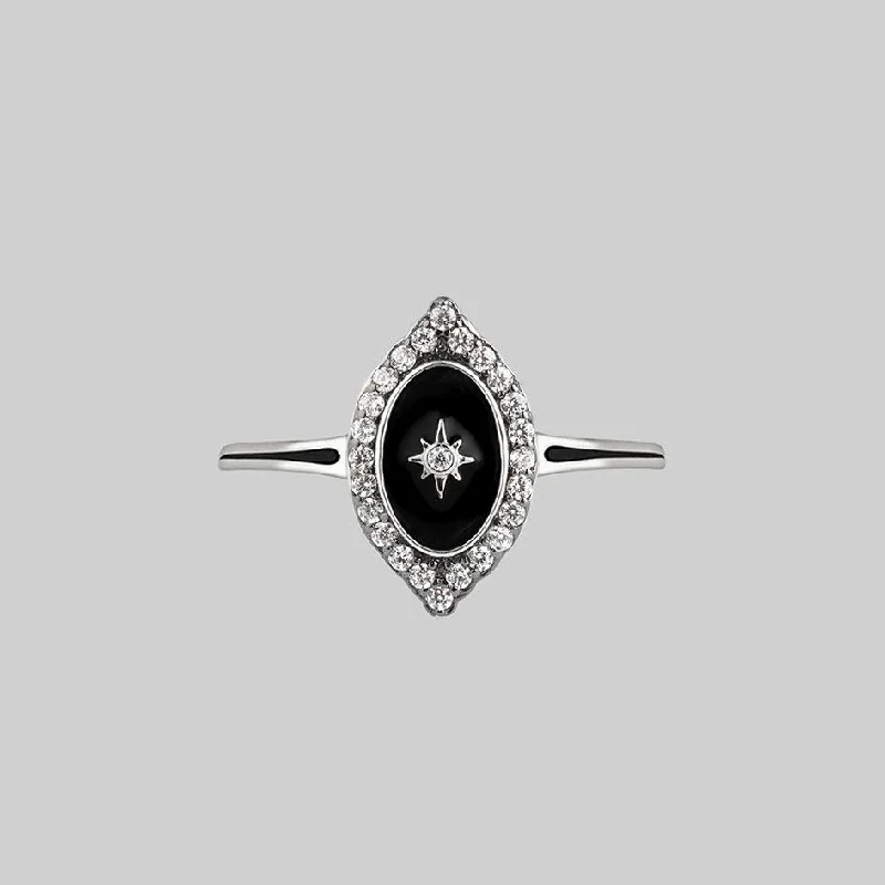 Chic Women's Rings for Fashion-Forward Looks-REVERENCE. Oval Black Enamel Crystal Silver Ring Chic Women's Rings for Fashion-Forward Looks-REVERENCE. Oval Black Enamel Crystal Silver Ring
