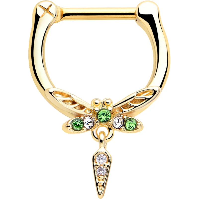 Women's Earrings – Elegant Designs for Every Personality--16 Gauge 5/16 Green Gem Gold Tone Swank Dragonfly Dangle Cartilage Clicker