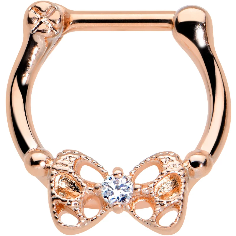 Women's Earrings – Elegant Designs for Every Personality--16 Gauge 3/8 Clear CZ Gem Rose Gold Hue Openwork Bow Cartilage Clicker Women's Earrings – Elegant Designs for Every Personality--16 Gauge 3/8 Clear CZ Gem Rose Gold Hue Openwork Bow Cartilage Clicker