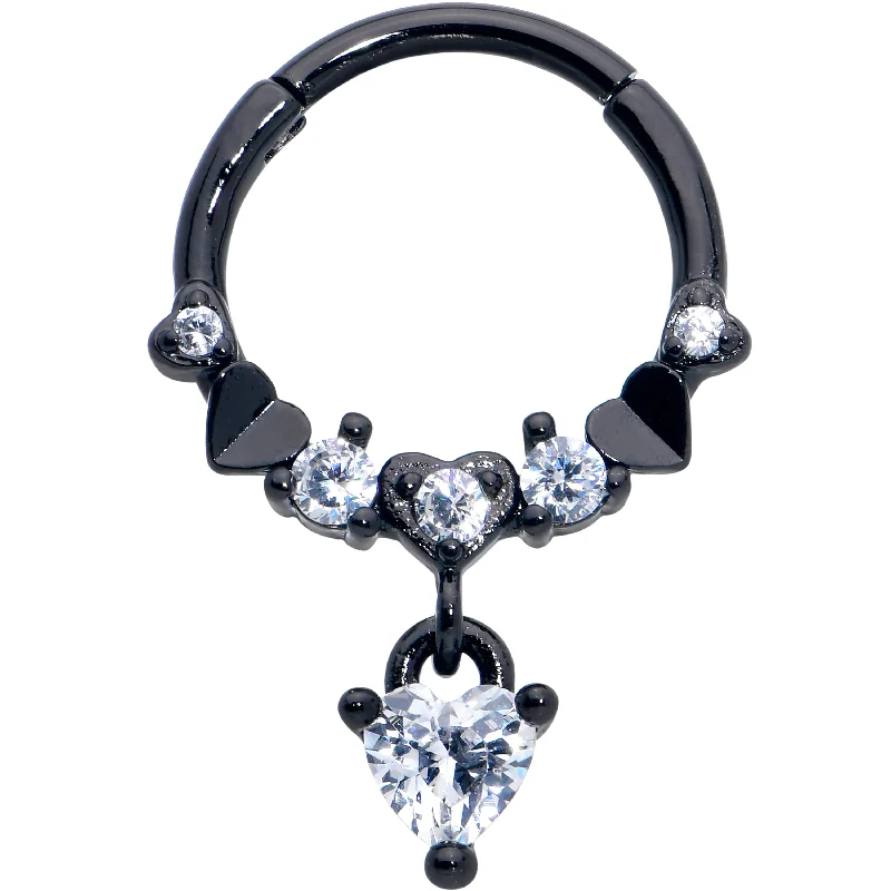 Women's Earrings – Elegant Designs for Every Personality--16 Gauge 3/8 Clear CZ Gem Black Love Heart Dangle Hinged Segment Ring Women's Earrings – Elegant Designs for Every Personality--16 Gauge 3/8 Clear CZ Gem Black Love Heart Dangle Hinged Segment Ring