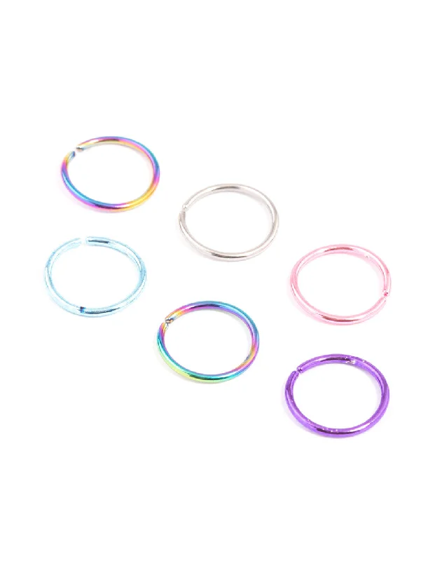 Nose Rings with Adjustable Size -Surgical Steel Metallic Nose Ring 6-Pack