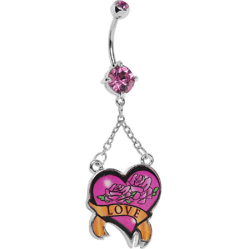 Comfortable Belly Rings for Everyday Fashion -Pink Double Gem Love Rose Flower Heart Belly Ring Comfortable Belly Rings for Everyday Fashion -Pink Double Gem Love Rose Flower Heart Belly Ring