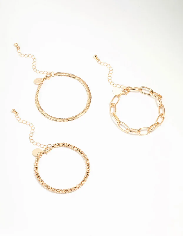 Traditional Bangles for Women-Gold Mixed Chain Bracelets 3-Pack