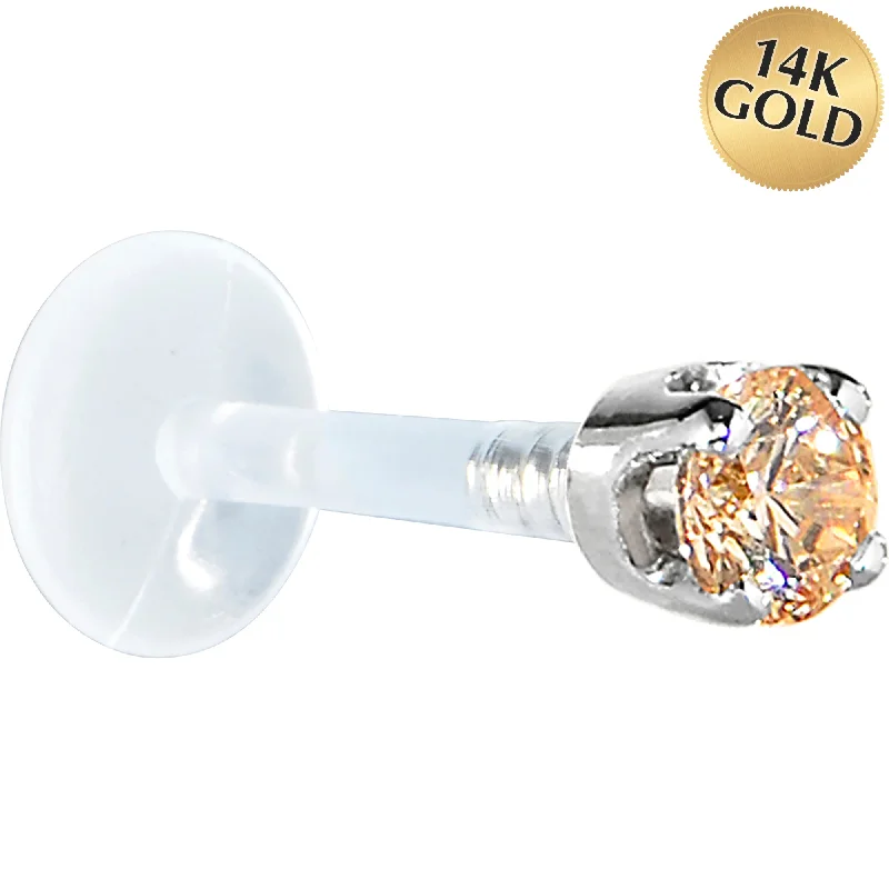 Women's Earrings – Elegant Designs for Every Personality--16 Gauge 5/16 Solid 14KT White Gold 3mm Champagne Cubic Zirconia Bioplast Tragus Earring Stud