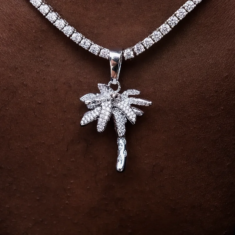 Cool Leather Cuff Bracelets for Men-Iced Palm Tree in White Gold