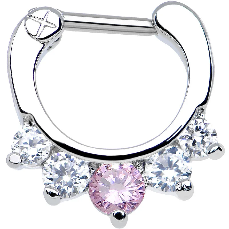 Personalized Nose Rings -16 Gauge 1/4 Five Clear and Pink Cubic Zirconia Septum Clicker Personalized Nose Rings -16 Gauge 1/4 Five Clear and Pink Cubic Zirconia Septum Clicker