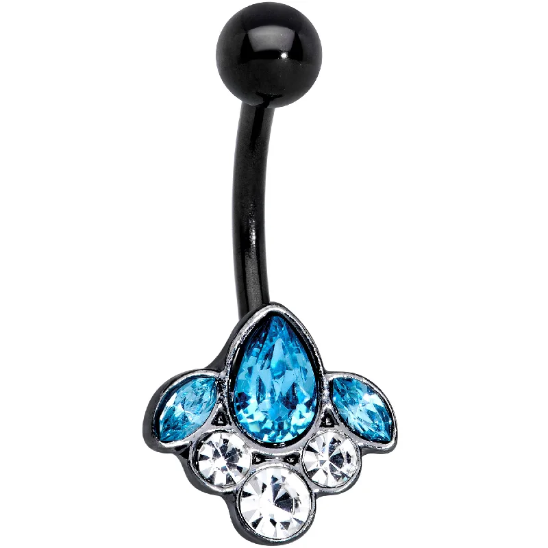 Belly Rings with Designer Finish for Exclusive Looks -Clear Aqua Gem Black Anodized Classic Cluster Belly Ring Belly Rings with Designer Finish for Exclusive Looks -Clear Aqua Gem Black Anodized Classic Cluster Belly Ring