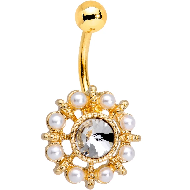 Designer Belly Rings with Creative Features -Clear Gem White Orb Gold PVD Sun Wheel Belly Ring Designer Belly Rings with Creative Features -Clear Gem White Orb Gold PVD Sun Wheel Belly Ring