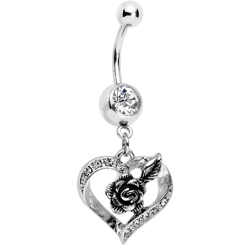 Stunning Belly Rings with Timeless Shine -Clear Gem Tattoo Rose Flower in a Hollow Heart Dangle Belly Ring Stunning Belly Rings with Timeless Shine -Clear Gem Tattoo Rose Flower in a Hollow Heart Dangle Belly Ring