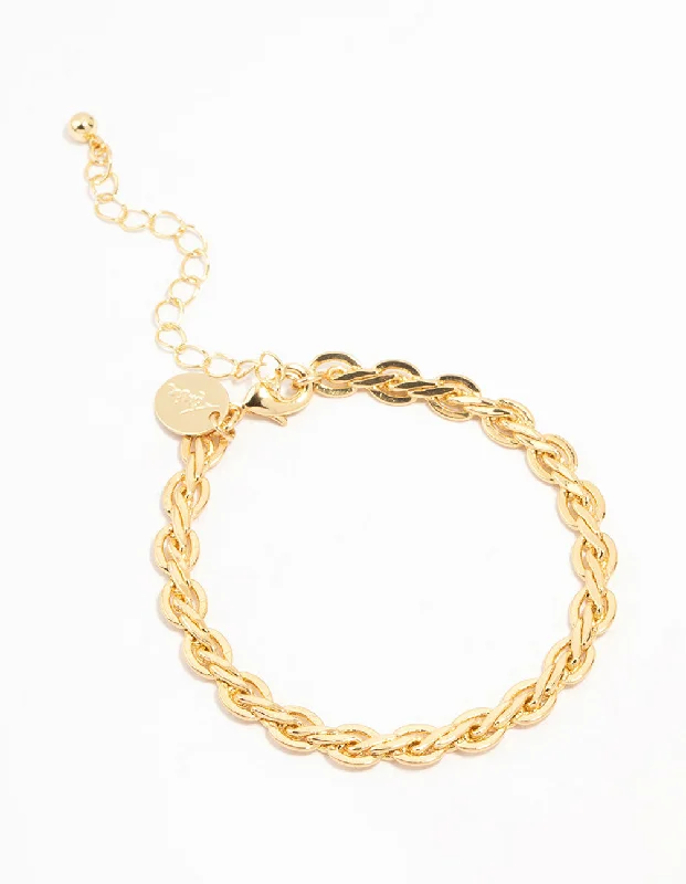 Women's Gold Bangles with Pearls-Gold Plated Brass Classic Braided Toggle Bracelet