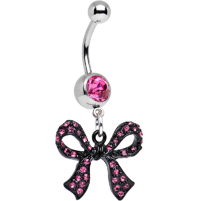 Classic Belly Rings for Subtle Style -Pink Gem Paved Black Girly Bow Dangle Belly Ring Classic Belly Rings for Subtle Style -Pink Gem Paved Black Girly Bow Dangle Belly Ring