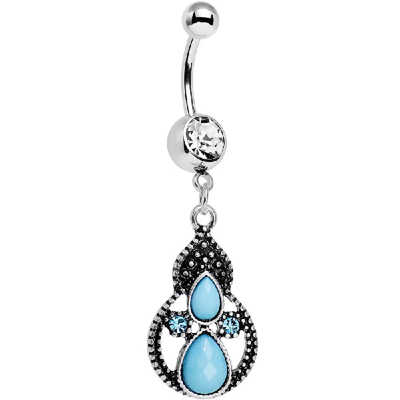 Trendy Belly Rings with Chic Finish -Clear Aqua Gem Faux Turquoise Fancy Dangle Belly Ring Trendy Belly Rings with Chic Finish -Clear Aqua Gem Faux Turquoise Fancy Dangle Belly Ring