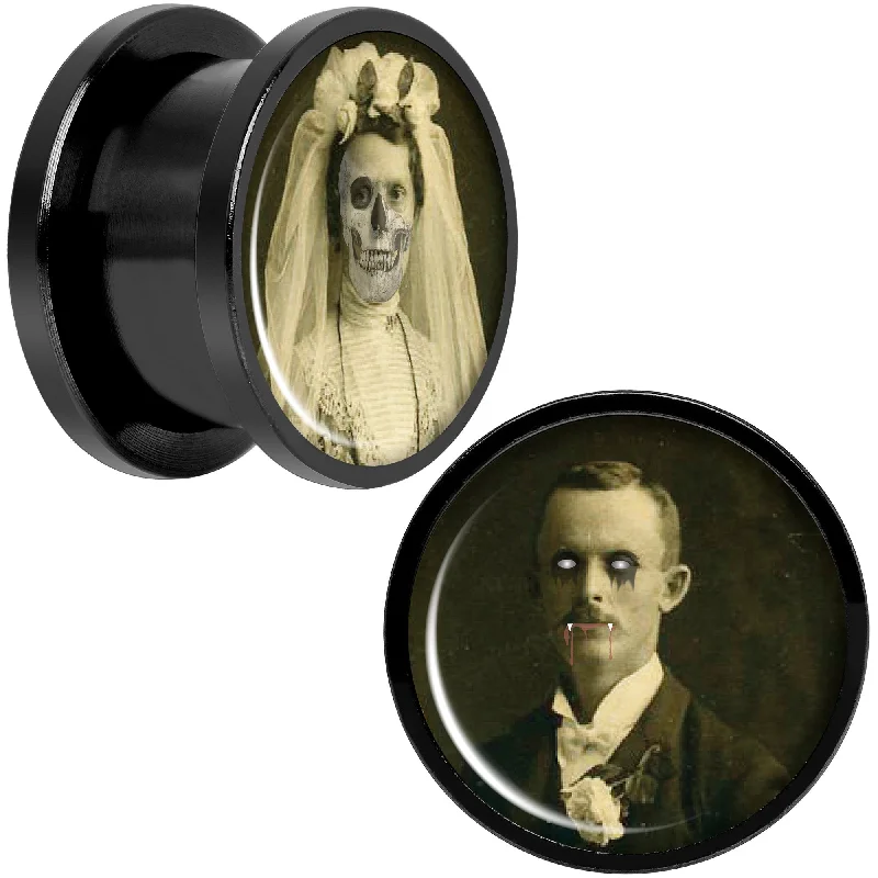 Women's Earrings – Elegant Designs for Every Personality--Undead Bride and Groom Halloween Black Anodized Plug Set 9/16 Women's Earrings – Elegant Designs for Every Personality--Undead Bride and Groom Halloween Black Anodized Plug Set 9/16