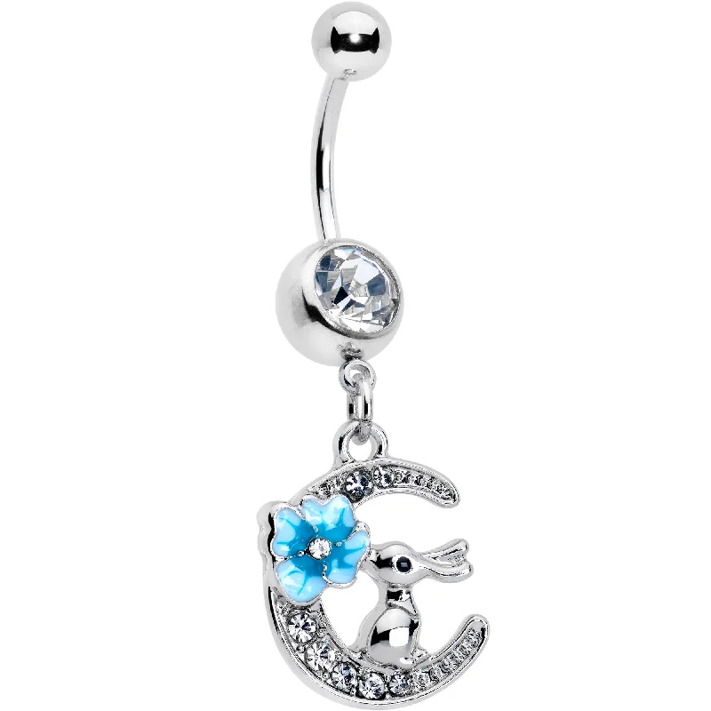 Classic Belly Rings for Subtle Style -Clear Gem Rabbit On The Moon Blue Dangle Belly Ring Classic Belly Rings for Subtle Style -Clear Gem Rabbit On The Moon Blue Dangle Belly Ring