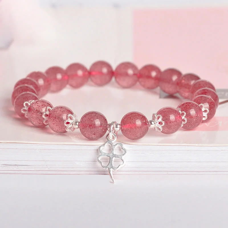 Women's Silver Bangle Bracelets-Buddha Stones 925 Sterling Silver Strawberry Quartz Four Leaf Clover Love Bracelet Women's Silver Bangle Bracelets-Buddha Stones 925 Sterling Silver Strawberry Quartz Four Leaf Clover Love Bracelet