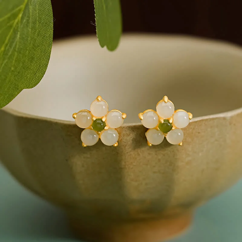 Women's Earrings – Elegant Designs for Every Personality--Buddha Stones 925 Sterling Silver Hetian Jade Luck Flower Stud Earrings