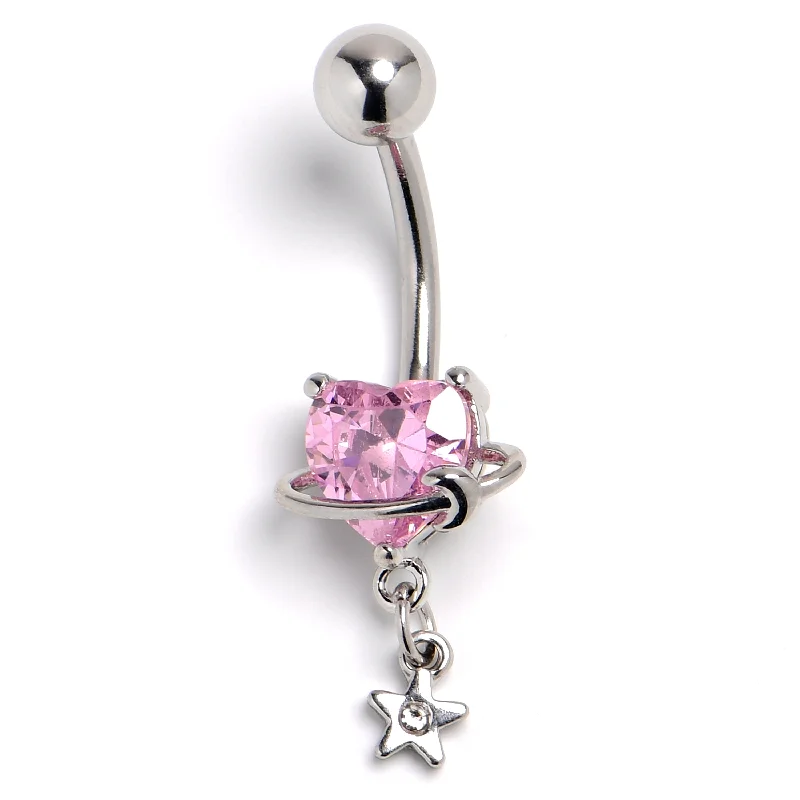 Belly Rings with Stylish Touch for Modern Women -CZ Gem Pink Celestial Starry Heart Dangle Belly Ring Belly Rings with Stylish Touch for Modern Women -CZ Gem Pink Celestial Starry Heart Dangle Belly Ring