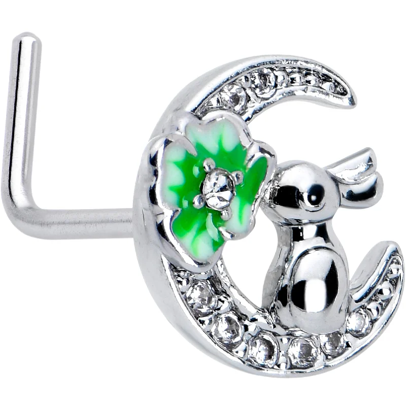 Nose Rings for Glamorous and Bold Looks -20 Gauge 7mm Clear CZ Gem Rabbit On The Moon Green L Shape Nose Ring Nose Rings for Glamorous and Bold Looks -20 Gauge 7mm Clear CZ Gem Rabbit On The Moon Green L Shape Nose Ring