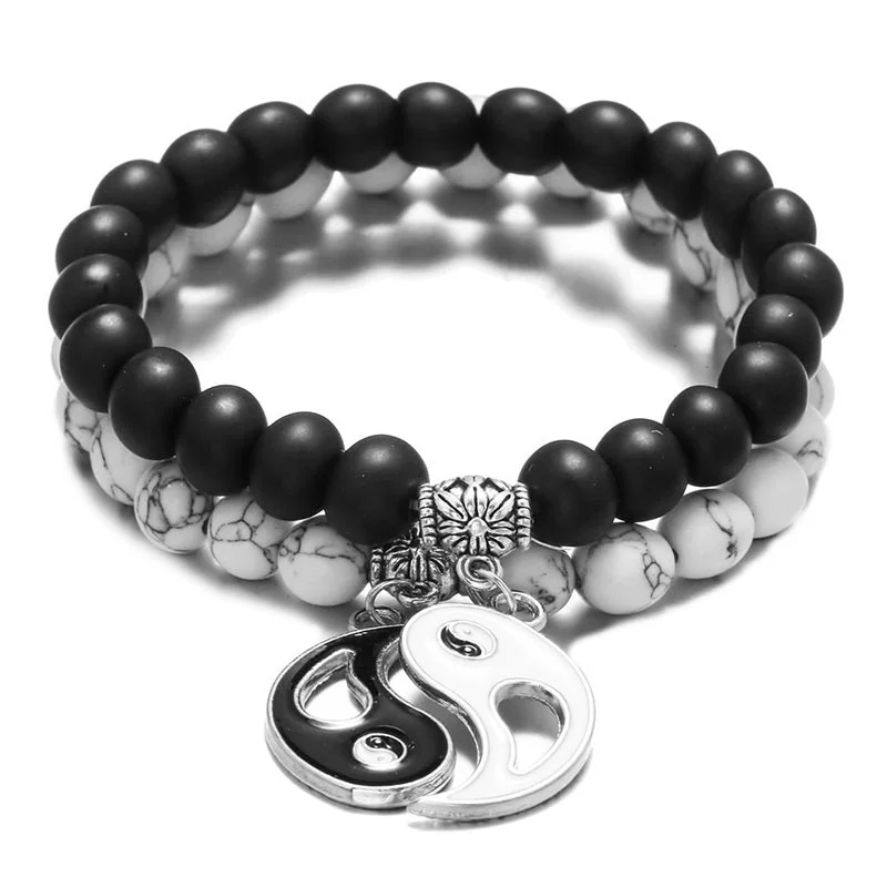Fashionable Bracelets for Men with Nature Elements-Buddha Stones 2pcs Natural Black Onyx White Turquoise Bead Yin Yang Couple Bracelet Fashionable Bracelets for Men with Nature Elements-Buddha Stones 2pcs Natural Black Onyx White Turquoise Bead Yin Yang Couple Bracelet