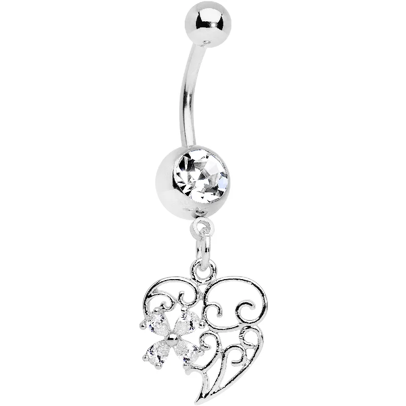 Trendy Belly Rings for Statement Fashion -Clear Gem Filigree Heart Flower Dangle Belly Ring Trendy Belly Rings for Statement Fashion -Clear Gem Filigree Heart Flower Dangle Belly Ring