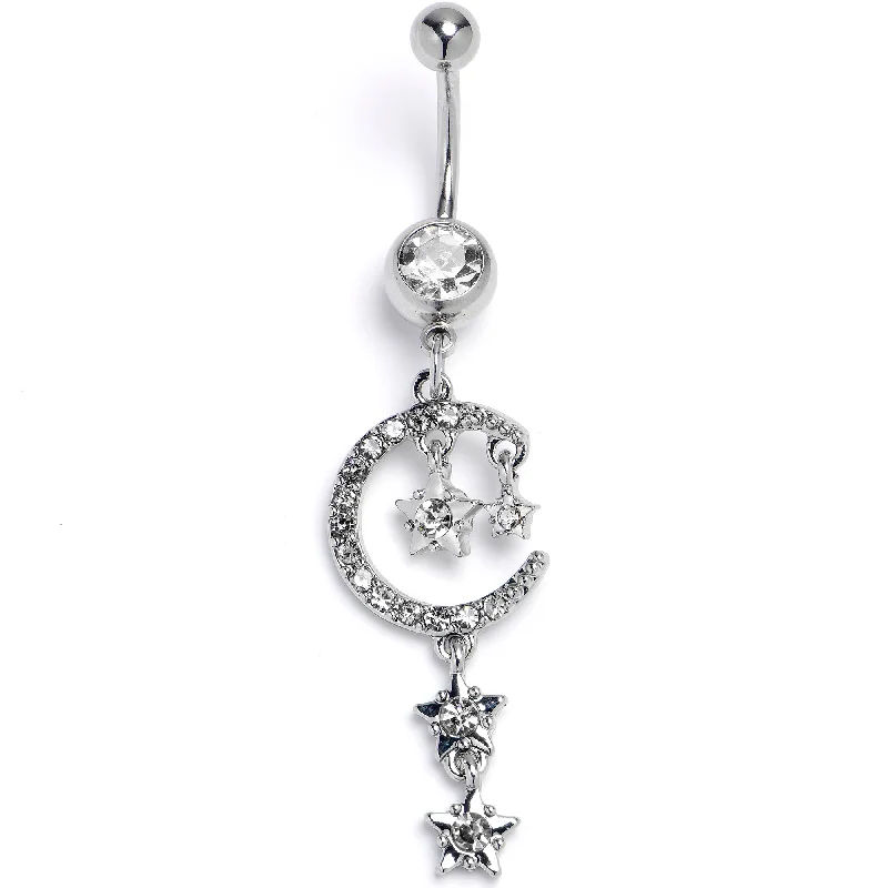 Comfortable Belly Rings for Fashionable Comfort -Clear Gem Moon And Stars Internally Threaded Dangle Belly Ring Comfortable Belly Rings for Fashionable Comfort -Clear Gem Moon And Stars Internally Threaded Dangle Belly Ring