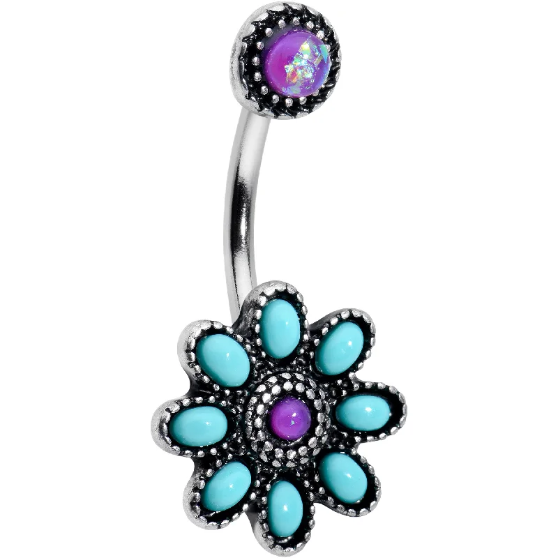 Comfortable Belly Rings with Stylish Detailing -Blue Faux Opal Flower Teal Petals Double Mount Belly Ring Comfortable Belly Rings with Stylish Detailing -Blue Faux Opal Flower Teal Petals Double Mount Belly Ring