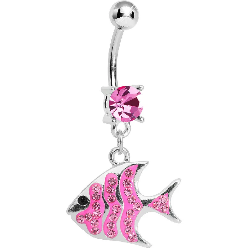 Designer Belly Rings with Sparkling Stones -Pink Gem Paved Brilliant Fish Dangle Belly Ring Designer Belly Rings with Sparkling Stones -Pink Gem Paved Brilliant Fish Dangle Belly Ring