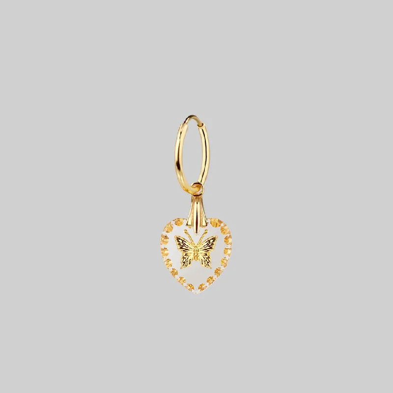 Women's Earrings – Elegant Designs for Every Personality--NEW DAWN. Butterfly Glass Heart Hoop Earrings - Gold