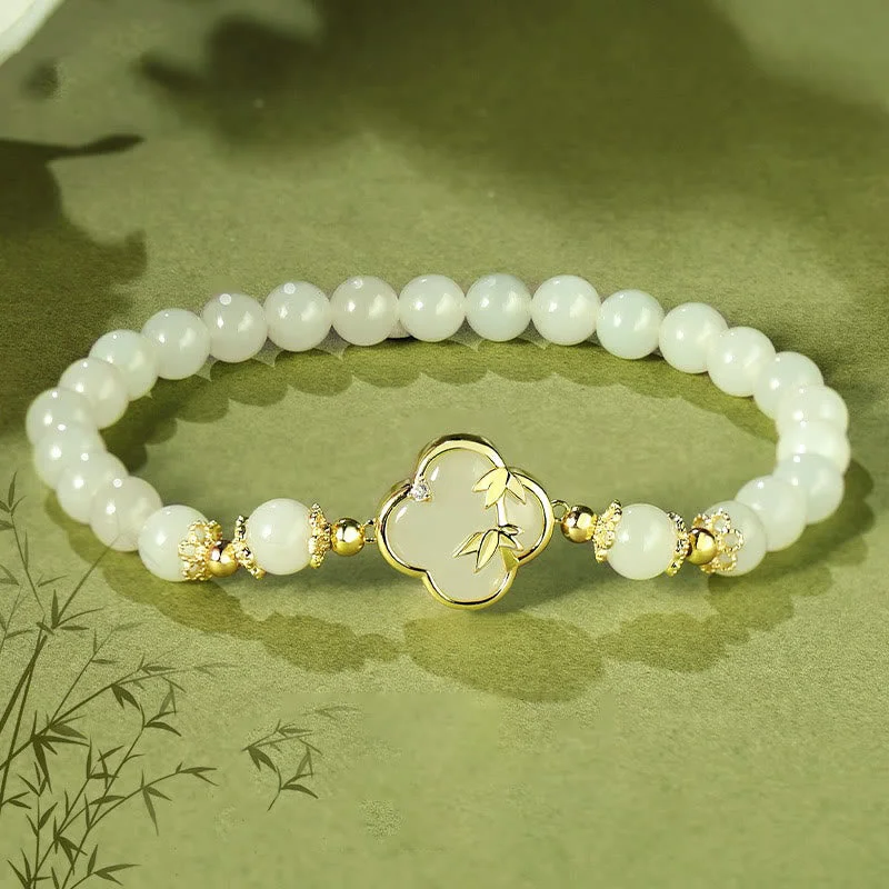 Handcrafted Bracelets for Men-Buddha Stones Hetian Jade 925 Sterling Silver Four Leaf Clover Bamboo Luck Bracelet