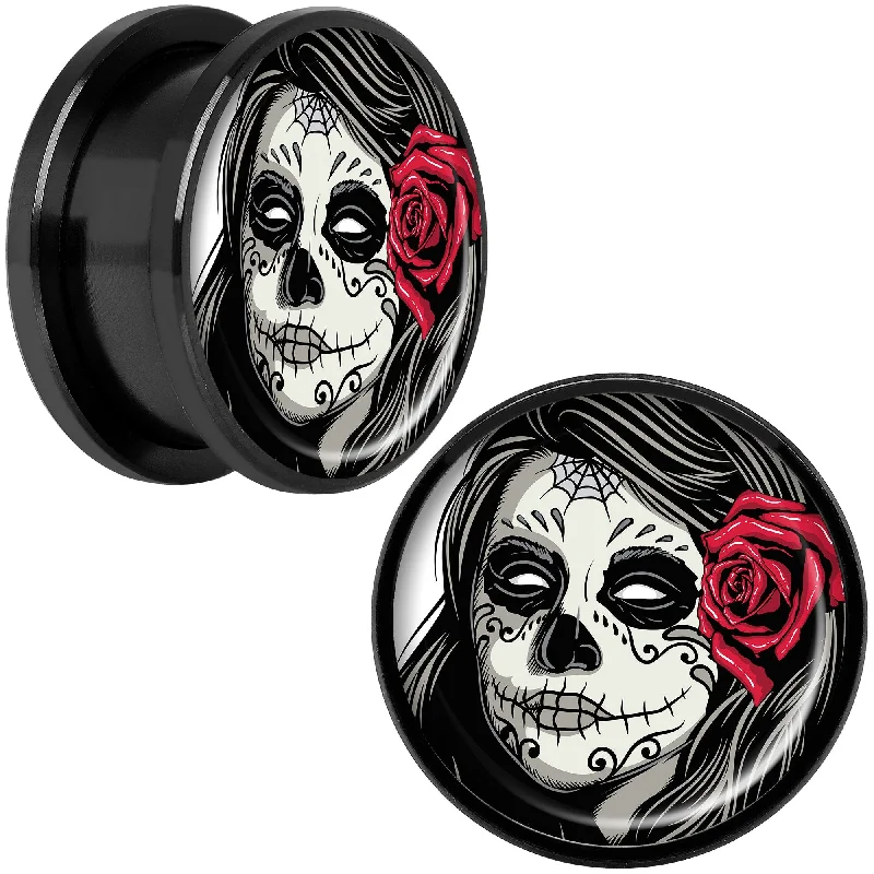 Women's Earrings – Elegant Designs for Every Personality--Katrina Sugar Skull with Rose Flower Black Anodized Screw Fit Plug Set 18mm Women's Earrings – Elegant Designs for Every Personality--Katrina Sugar Skull with Rose Flower Black Anodized Screw Fit Plug Set 18mm