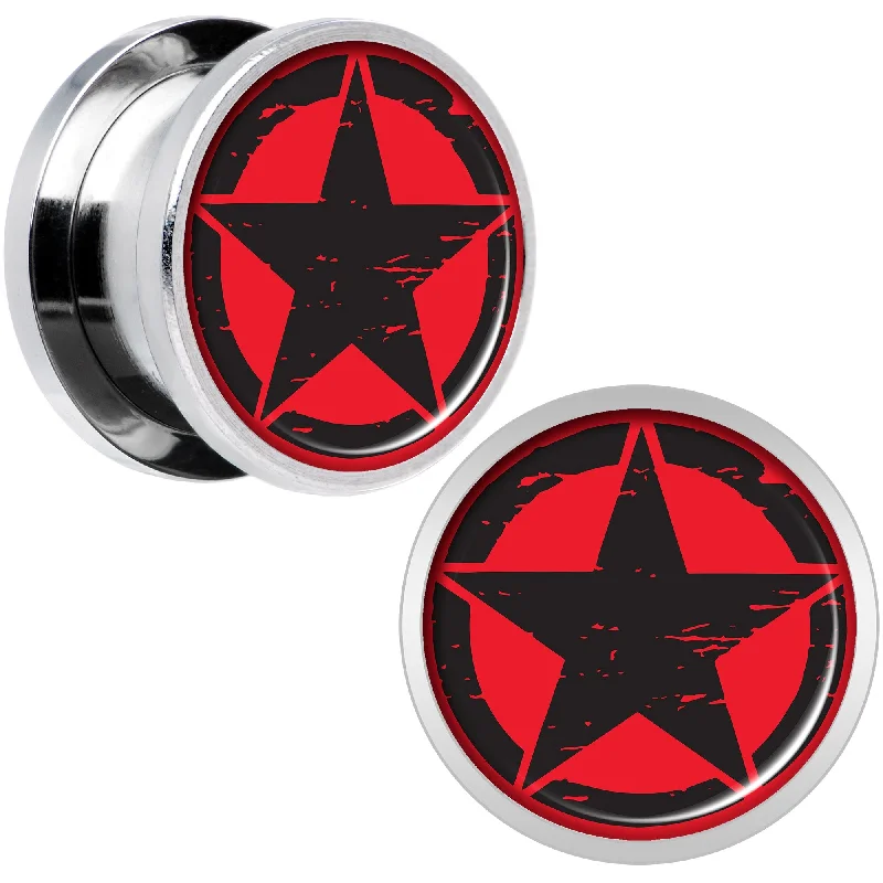 Women's Earrings – Elegant Designs for Every Personality--Black Red Distressed Star Steel Screw Fit Plug Set 9/16 Women's Earrings – Elegant Designs for Every Personality--Black Red Distressed Star Steel Screw Fit Plug Set 9/16